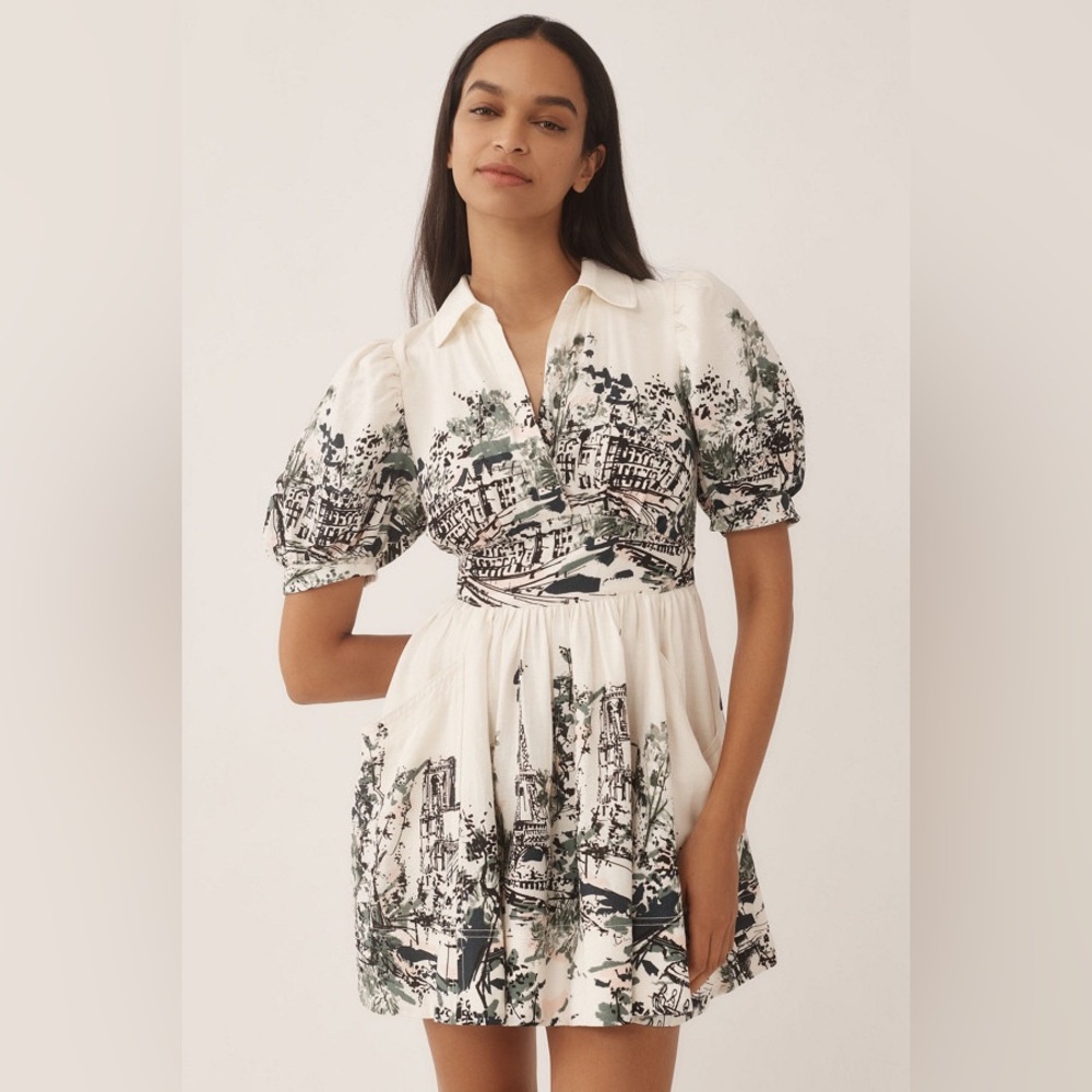 Anthropologie Linen Short-Sleeve Collared Mini Shirt Dress - Picture 3 of 4